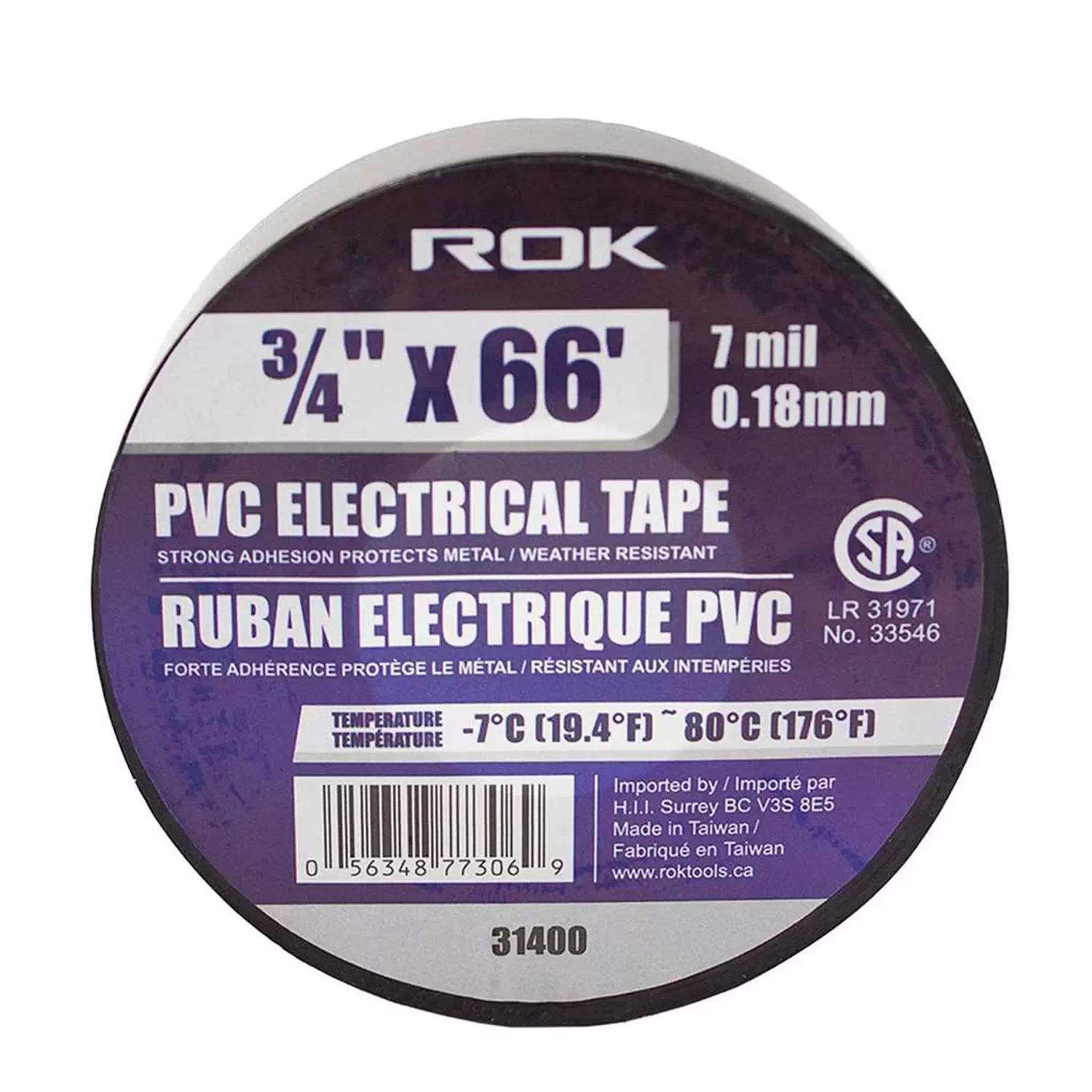 ROK 31400 Black 3/4" X 66' 7ML PVC Electrical Tape